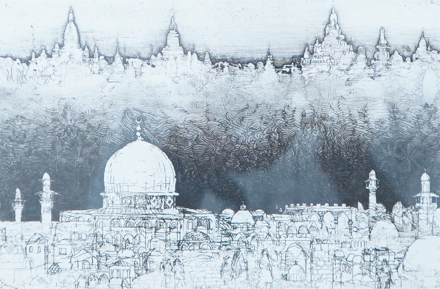 Jorg Schmeisser (1942-2012), ‘Jerusalem’, signed and inscribed in pencil, etching, 30 x 35cm